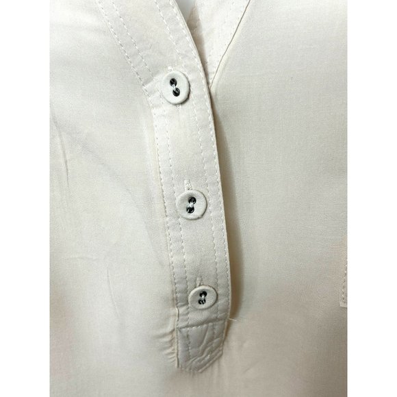 Philosophy Woman Tunic Top Beige 2X Roll Tab Long Sleeve Band Collar Pockets - Picture 7 of 10